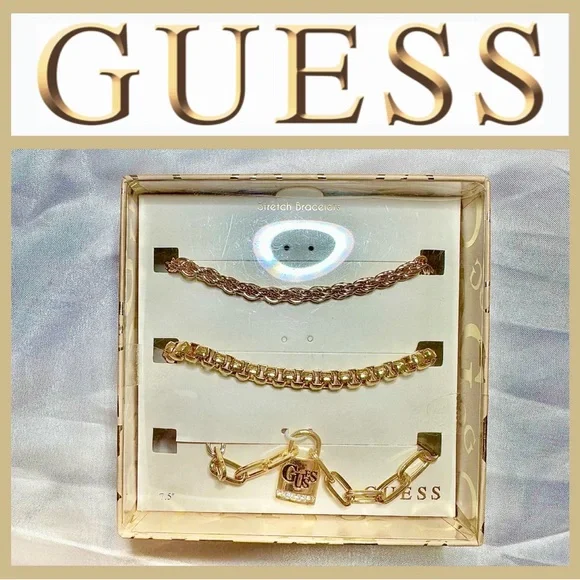 Guess Gold Chain Bracelet Trio Boxed Set 7.5” Gold-tone Stretch Bracelets NEW - Picture 6 of 6